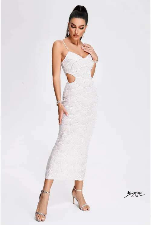 Hot Sale Women Sleeveless Sexy Strap Pearl Beading Sequins Bodycon Long Dress Celebrate Evening Ddmydec Party Birthday Outfit Vestido