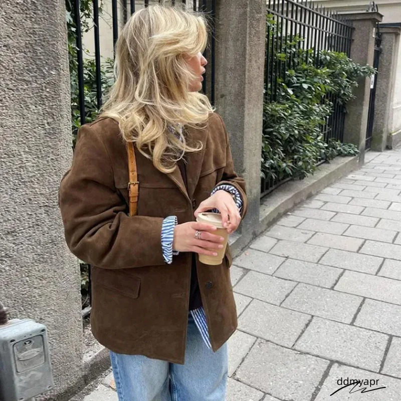 Retro Brown Suede Leather For Autumn Fashion Single Chest Lapel ddmydec Loose Coats Street Office Womens Jacket 241025 ddmydec ddmydec ddmydec ddmydec