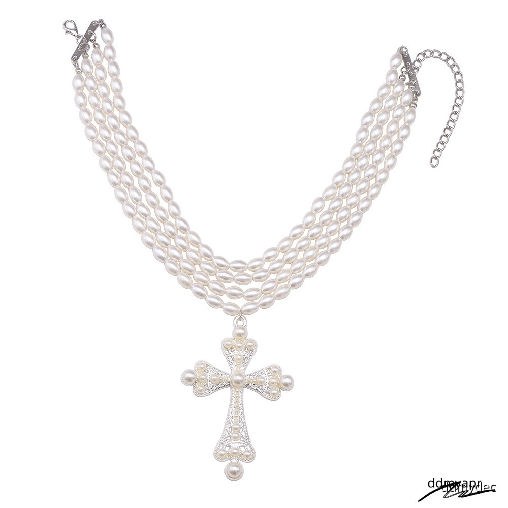 Cyberpunk Style Cross Fashion Exaggerated Micro-Set Imitation Pearl Layered ddmydec Necklace Jewelry ddmydec