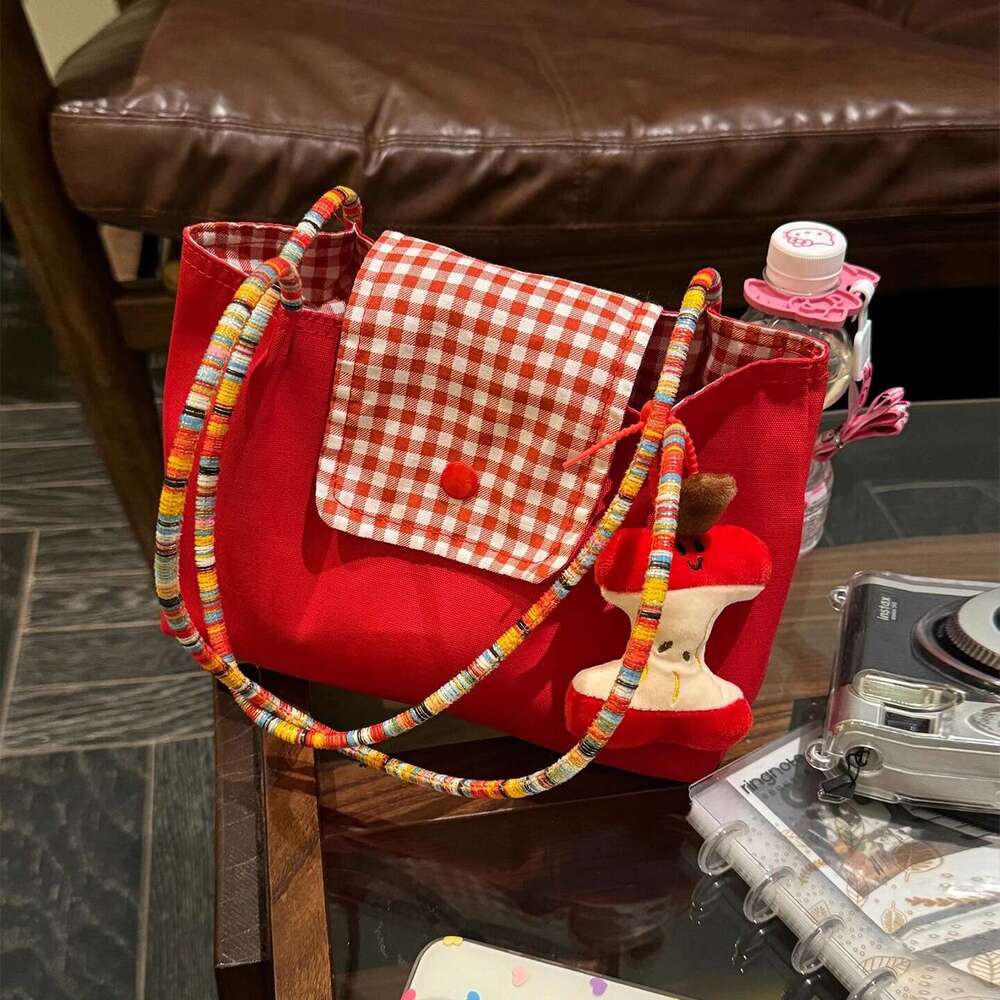 Red Plaid Canvas Large Capacity Commuting Korean Lazy Style Outing Shoulder Tote Bag for Women