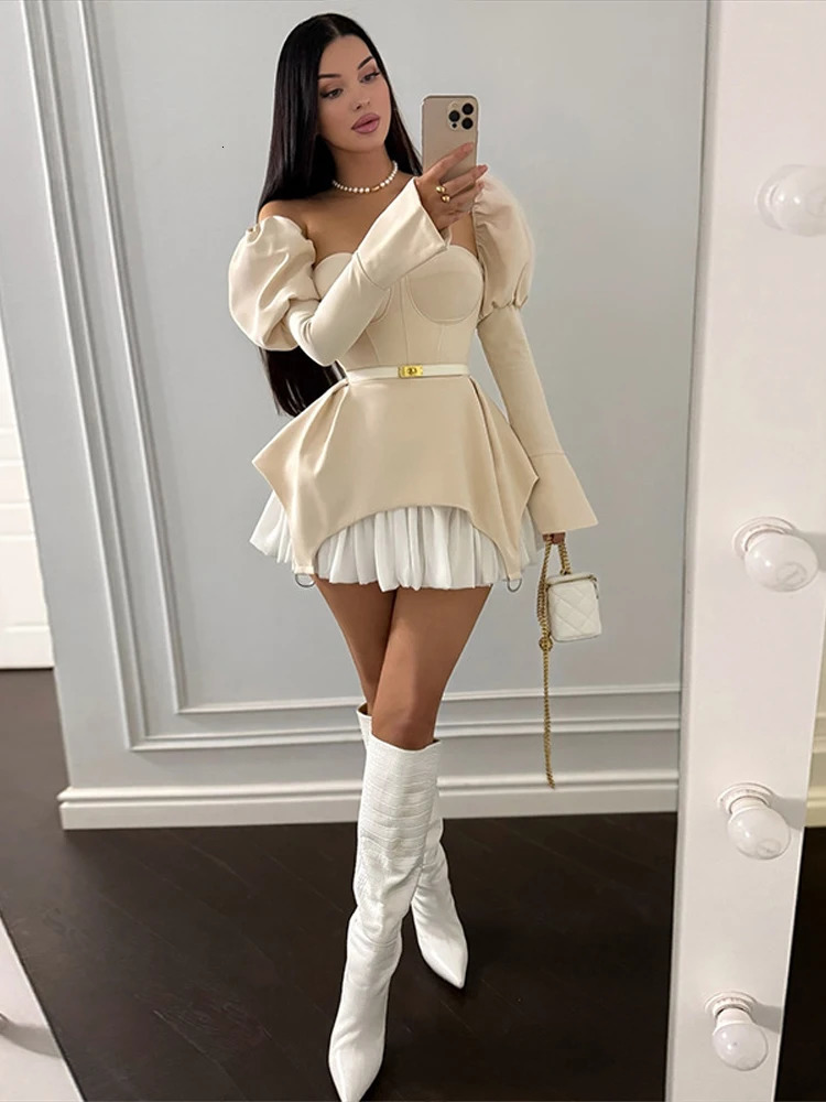 Bubble Sleeve Slim Patchwork Short Dress Woman Chic Solid Color Irregular Pleated Dresses Elegant Womens Fashion Mini Dresses 250905