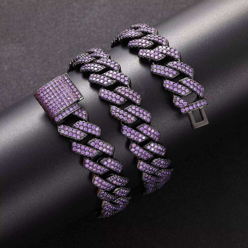 Black 15mm Full Purple Lab Dia Bling Prong Moissanite Cuban Link Hip Hop Geometric Trendy Gift Chain