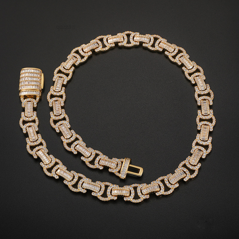 Gold Rhodium Plated Mens Micro Paved 5A Moissanite Diamond Byzantine Gold Chain Link Necklace Men Luxury