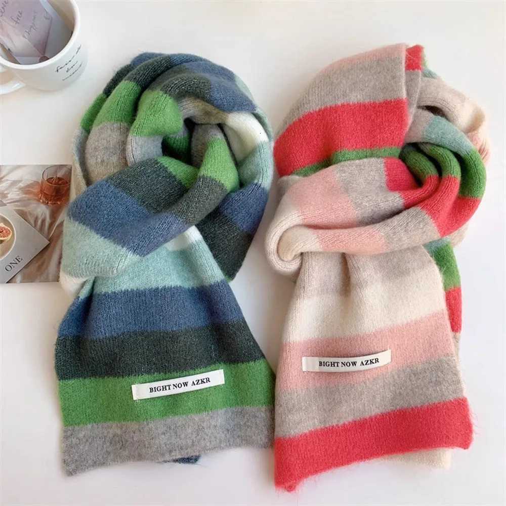 Autumn Winter Scarf Thick Neckerchief Shl Wool Knit Neck Warmer Striped Elastic Knitted Scarves Rainbow Stripes Mohair ScarfXJ250905