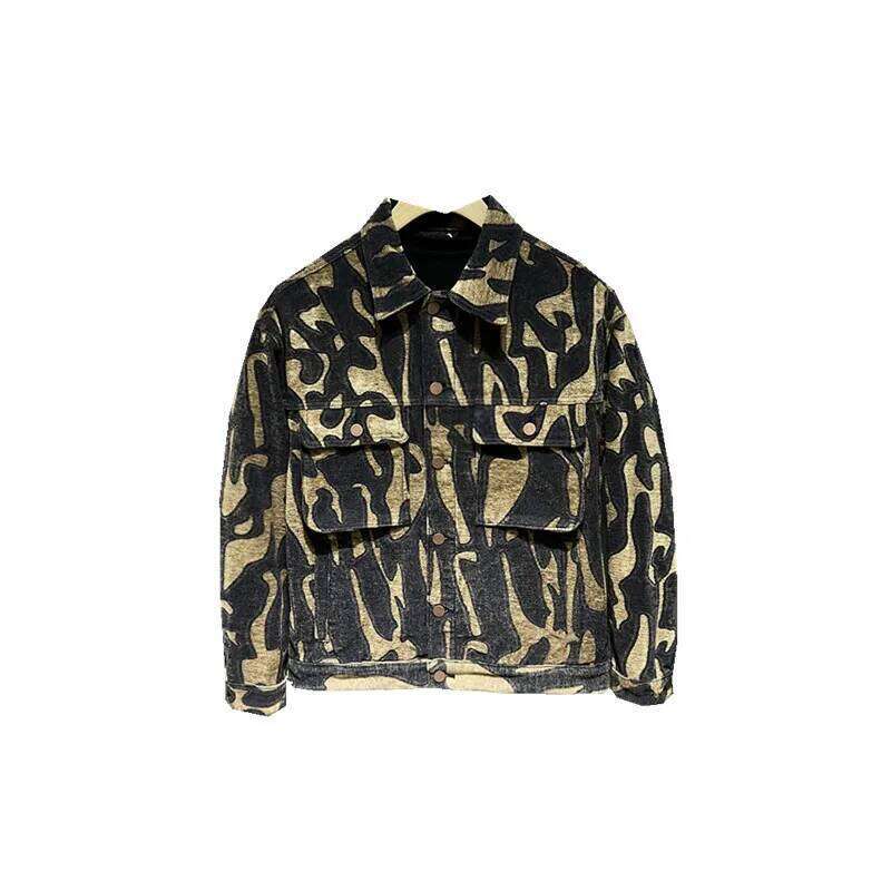 High-End American Loose Casual Leopard Print Denim Jaet Men's Haome INS Workwear ket Autumn Sle Cotton Polyes...