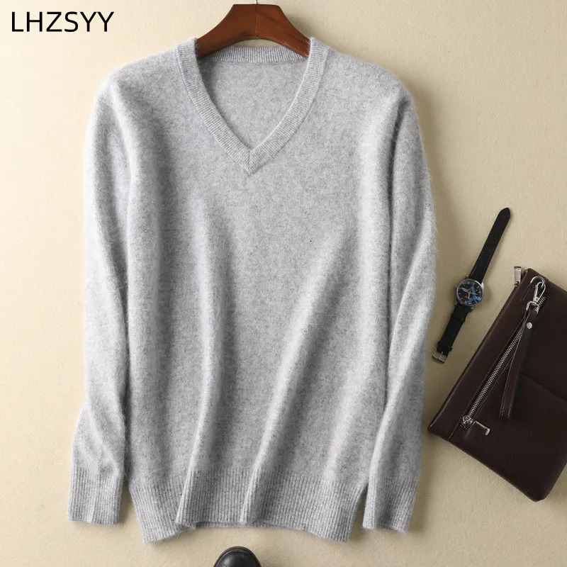 LHZSYY Mens 100 Mink Cashmere Large Size Sweaters Autumn Winter Solid Vneck Casual Knit Pullovers Men Long Sleeve Warm Jumper 250905
