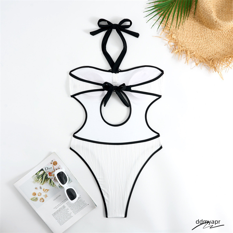Elegant Halter One Piece Swimsuit, Cut - Rose Embellished Bathing Suit, Black & White Contrast Swimwear Hollow Ddmydec Out Monokini Beachwear