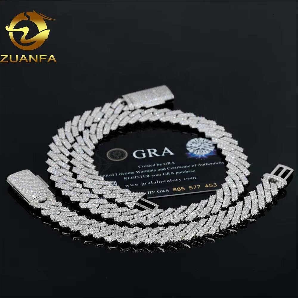Zuanfa Fine Jewelry Hip Hop Iced Out Cuban Link Necklace 13mm 2 Rows Thick Solid 925 Silver VVS Moissanite Cuban Chain