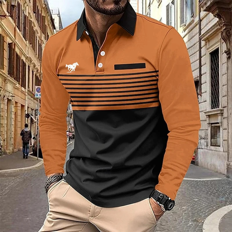 Mens Rugby Polo Shirts Casual Sports Lapel Classic Long Sleeve Fashion Basic Color Block Stripe Fall Winter Regular Fit 250905