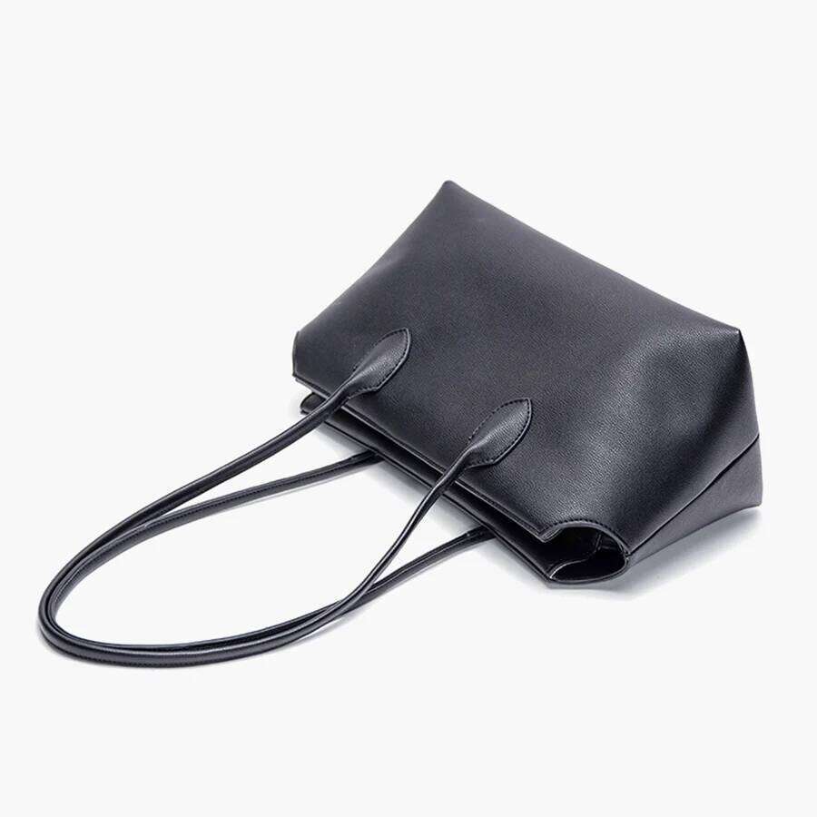 Black Top Handle Soft Pu Leather Tote Solid Color Zip Commuter Single-Shoulder Bag For Women Large Capacity Casual Versatile