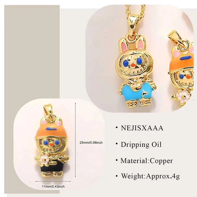 LABUBU Fashion Jewelry Charm Gold-Plated Brass Enamel Labubu Pendant Stainless Steel Women's Necklace Chain