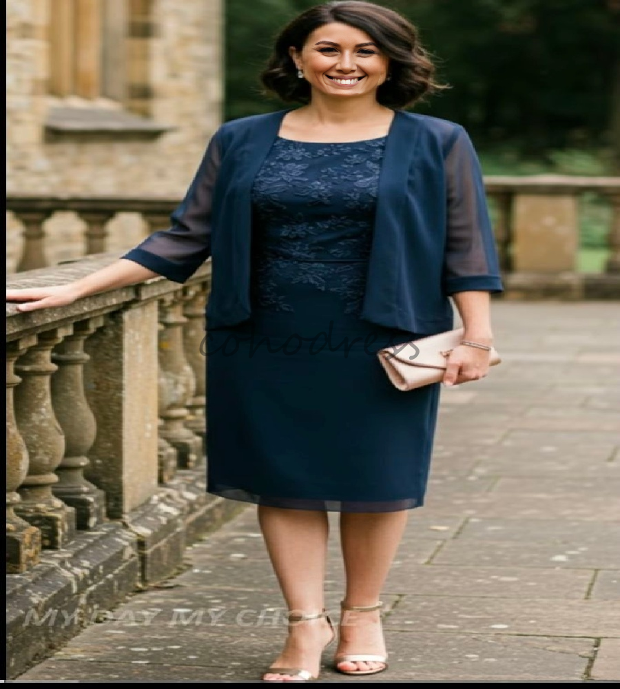 Fashion Navy Blue 2 Piecce Mother Of The Bride Dress With Jacket Tea Length Chiffon Plus Size Groom Mom Evening Party Gown 2025 Vestidos De Festa