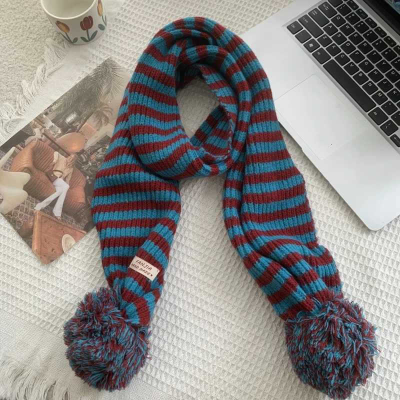 Winter Women Warm Stripe Scarf Knit Spring Thick Warm Winter Ball Scarves Winter Casual Warmer Women Scarves For WomenXJ250905