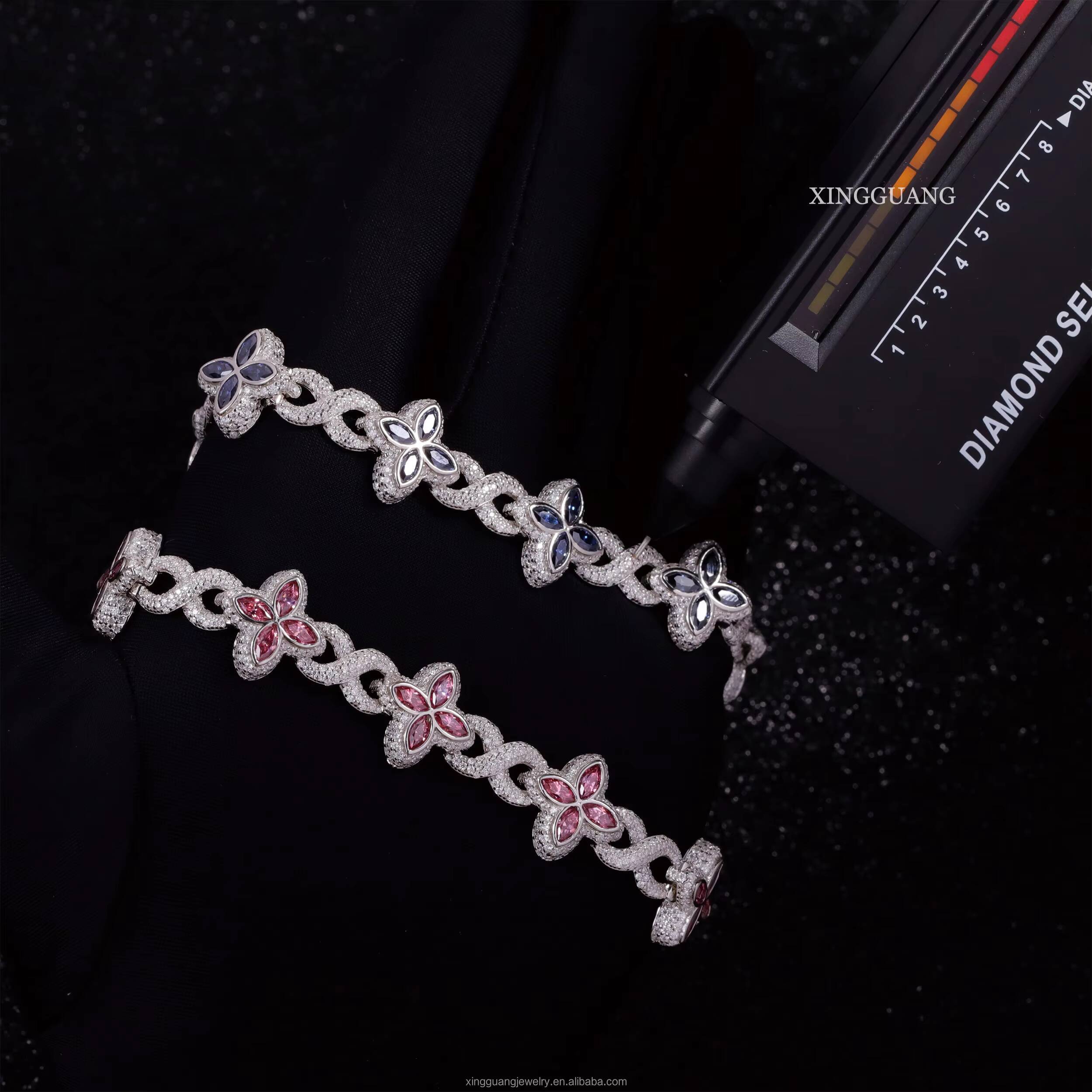 Designer necklace Pass Diamond Test Pink Marquise Moissanite Clover Charms 12mm Wide Infinity Cuban Links Bracelet S925 Silver Cuban Chain Jewelry