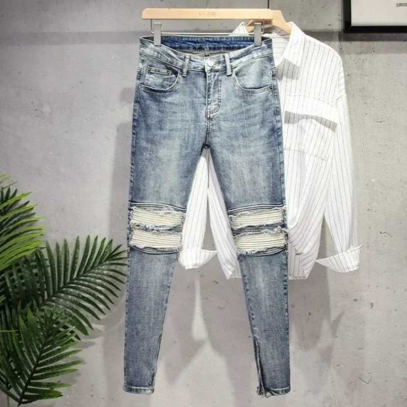 Man Cowboy Pants Cropped Light Blue Ripped Trousers with Holes Mens Jeans Torn Broken Original Winter Y 2k Vintage Oversize Y2k W250905