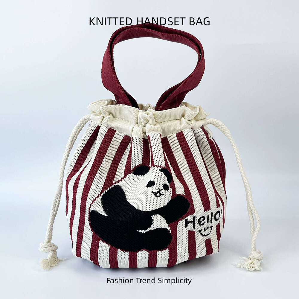Knitted Bucket for Women with Cartoon Pattern, Cute Handbag, Casual Versatile Drawstring Tote, Underarm Bag, Lunch Bag
