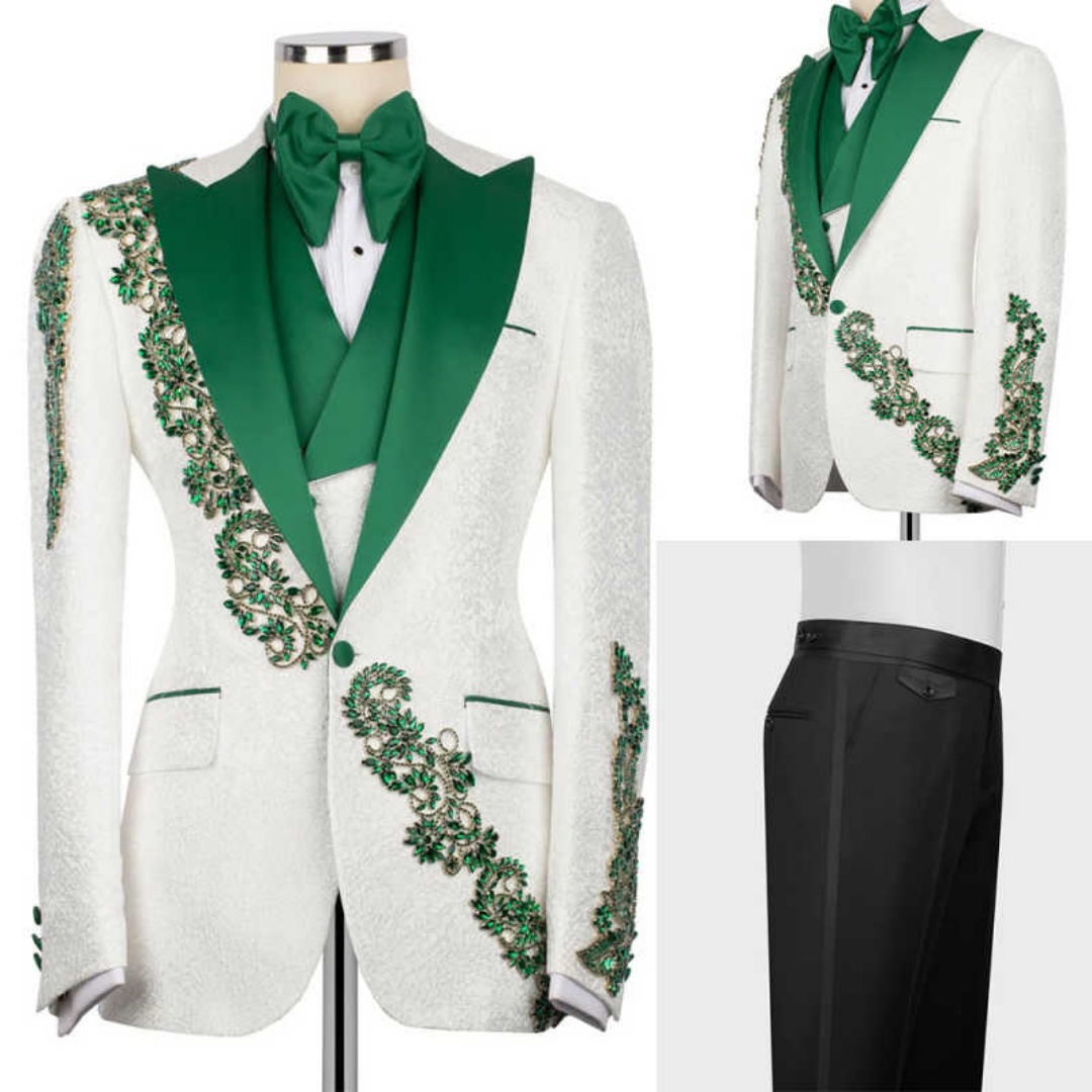 Luxury Men Suits 3 Pieces Customized Peaked Lapel Crystals Beading Pant Sets Jacquard Slim Fit Groom Wedding Tuxedos Wear