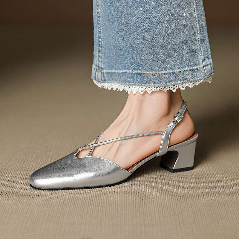 5cm Thick Genuine Leather Cross Strap Closed-Toe Sandals for Women Summer Elegant Backless Silver High Heel Mary Jane Shoes