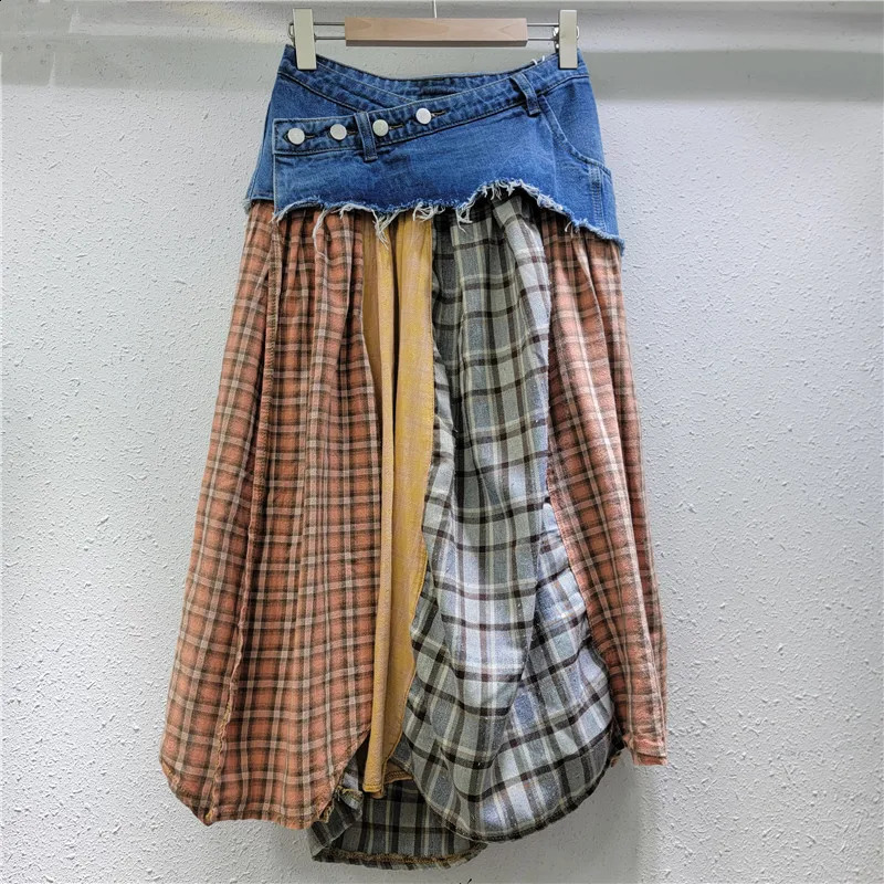 Plaid Spliced Skirts Denim Women Loose Button A Line Skirt Y2k Streetwear High Waist Summer Pockets Street 250905
