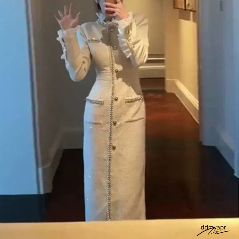 Off ddmydec White Tweed Spring / Autumn Womens Tassel Ladies Slim Bottoming Dress One-Piece 240824 ddmydec ddmydec ddmydec ddmydec