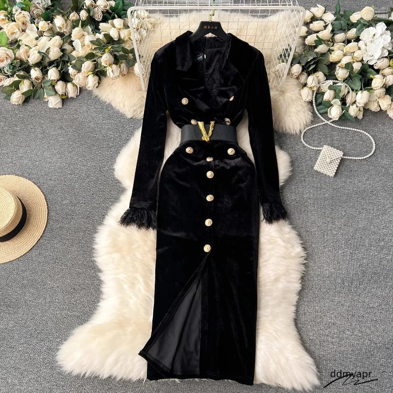 Casual Dresses Autumn Elegant V-Neck Veet Dress Women Long Sleeve Fashion Metre Buttons Ddmydec Split Sheath Bodycon Office Party Pencil Vestidos
