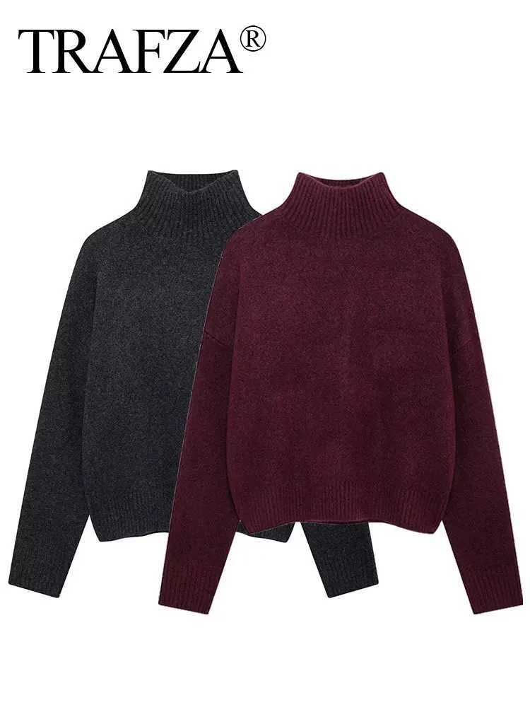 TRAFZA Women Vintage Burgundy Turtleneck Sweater Casual Long Sleeve Knitted Pullover Autumn Winter Women Solid Warm Knitwear Z250905