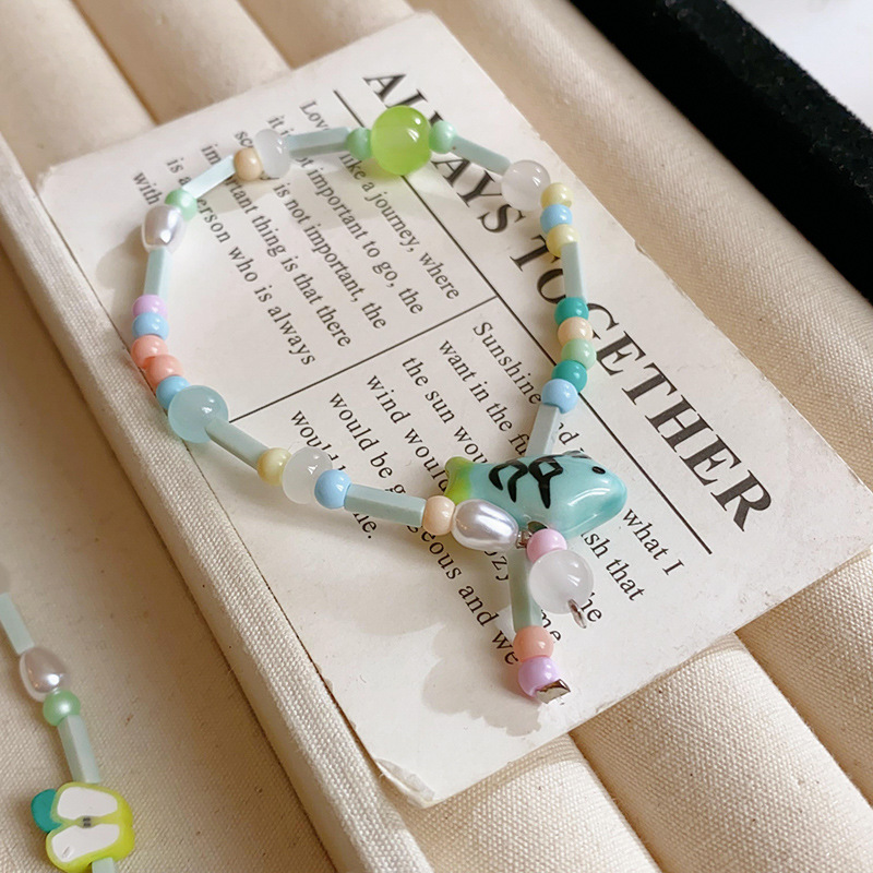 Silver Tone Beaded Necklace With Pastel Colored Beads & Cute Fish Pendant Sweet Playful Style Daily & Summer Wear Gift For Her Whimsical Jewelry