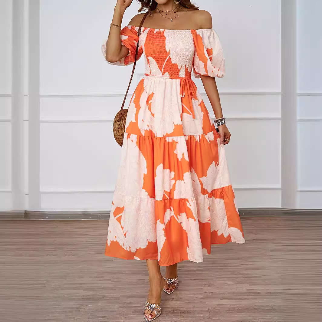 Summer New Elegant Printed OffShoulder Puff Sleeve Fashion Flared Dress