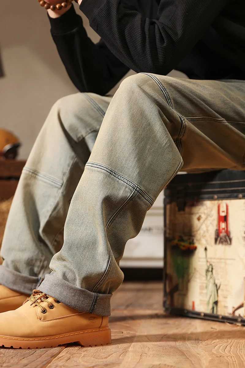 Trendy Mens Relaxed StraightLeg Jeans Mud Yellow Vintage Wash Stretch Denim for Casual Style Comfort Stretch Fabric W250905