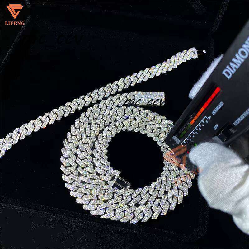 12Mm Hip Hop Miami Chain 2 Rows Sterling Sier VVS Moissanite Iced Out Platinum Plated Cuban Necklace