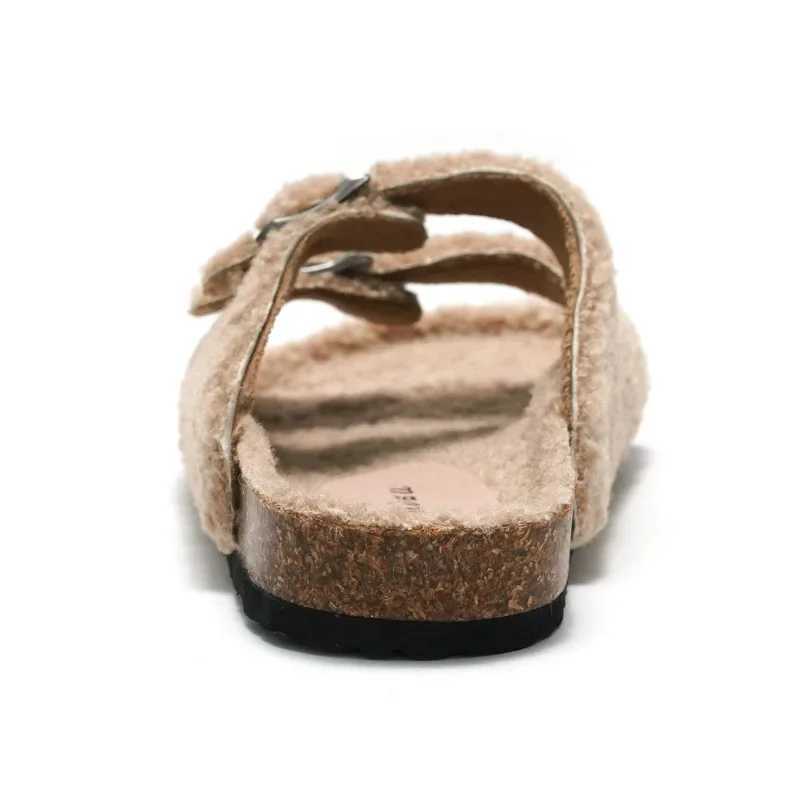 New Sheep Fur Cork Slipper Autumn Winter Men Women Casual Genuine Leather Outside Solid Buckle Soft Plush Slides Shoe W250905