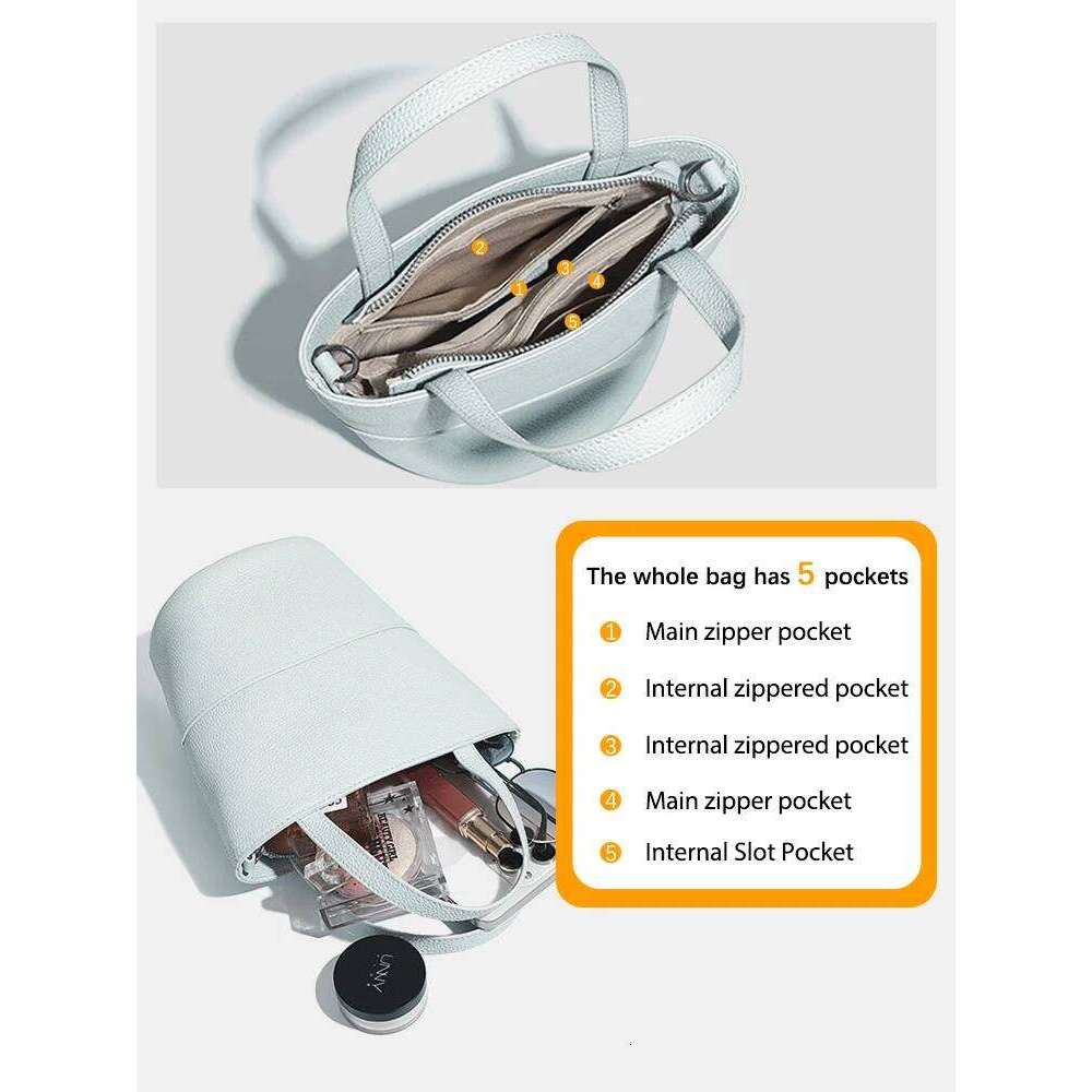 Zency Soft Genuine Leather Buckets Handbag Women Crossbody Bag Summer Autumn Large Pocket For Phone Sunglass Beige Shoulder