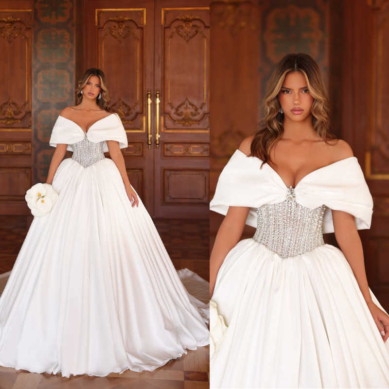 Gorgeous Crystal A Line Wedding Dress Off Shoulder Beading Pleats Bridal Gowns Customized Robe De Mariee