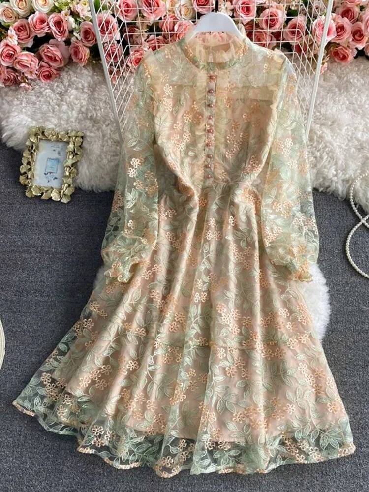 2025 New Luxury Mesh Lace Embroidered Flower design Dress Summer New Women's Long Sleeve Flower Embroidered Ruffle Office Party Midi Dress Design