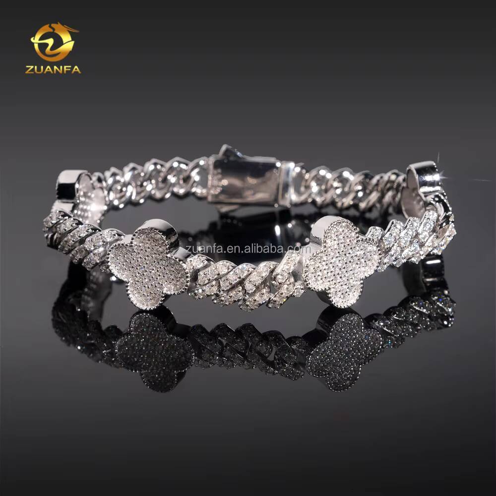 Bulk Stock Hot Selling Rapper Fashion Luxury Jewelry S925 Silver Iced Out Hip Hop Moissanite Clover Flower Cuban Bracelet