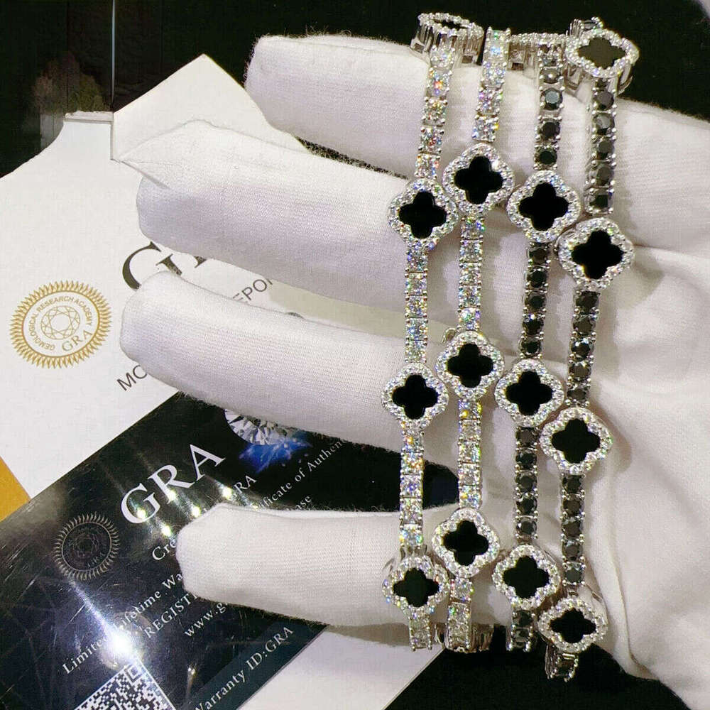 Pure silver Sriadiya VVS agate stone tennis fashion hip-hop cracked clover bracelet