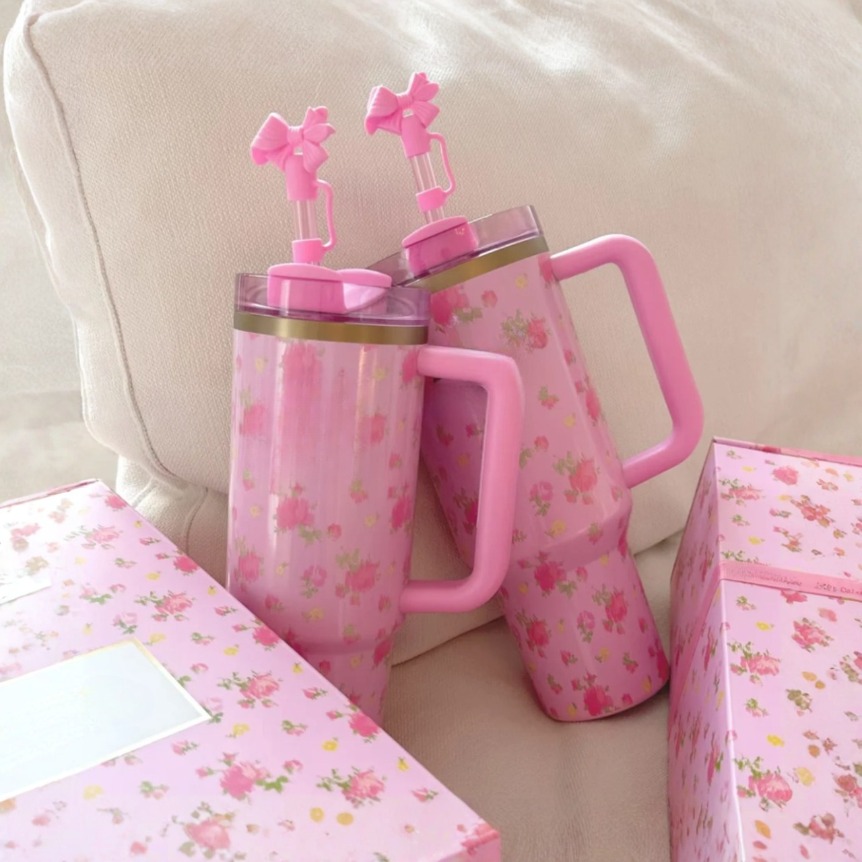 Floral 40oz Tumblers Ibiza Sunset Blue Magnolia Mugs Insulated Cups Stainless Steel Christmas Bow Blue Love fancy Flower Pink Water Bottle Christmas Gifts US STOCK