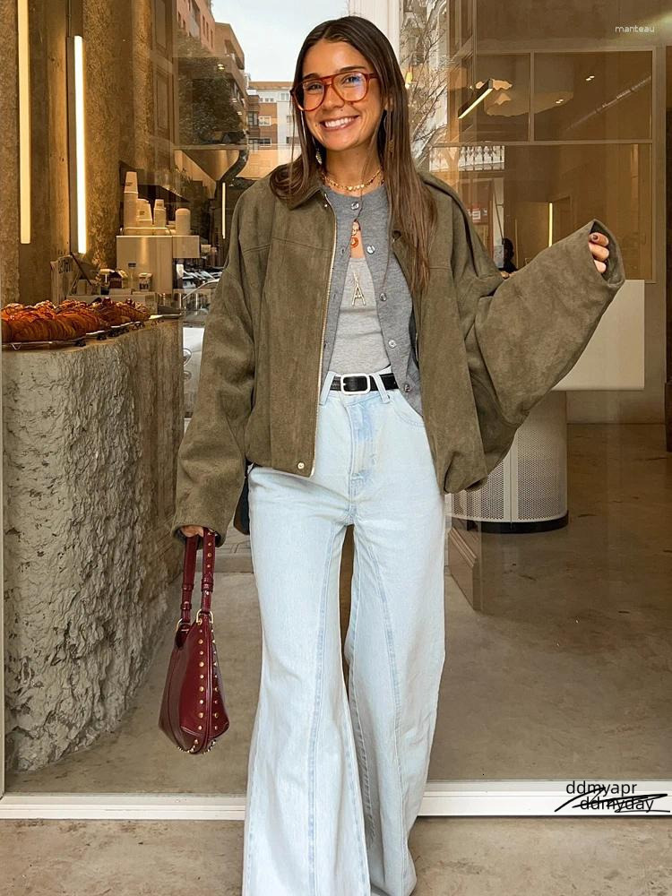 Women's Jackets 2025 ddmyday Vintage Women Suede Texture Bomber Jacket Female Lapel Zipper Long Sleeve Casual Coat Soild Spring Street ddmyday