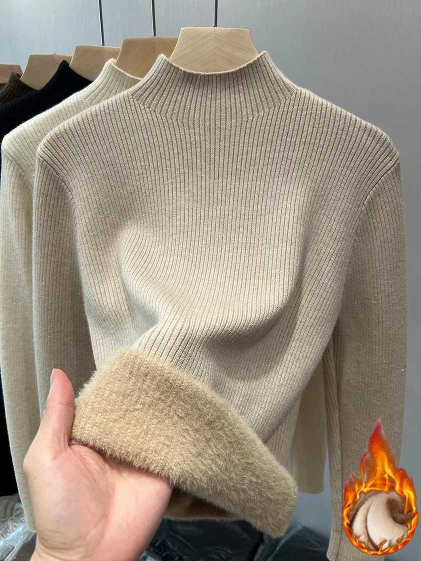 Turtleneck Winter Sweater Women EleGant Thicken Velvet Lined Warm Sueter Knitted Pullover Slim Tops Knitwear Jumper New Z250905