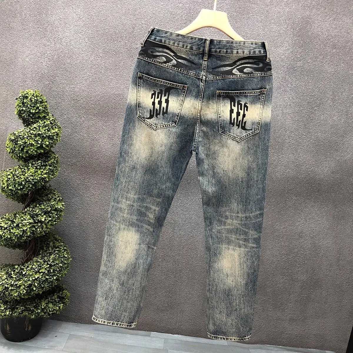 Harajuku Fashion 2025 Spring Autumn Slim Casual Pencil Pants New Mens Printed Jeans Skinny Trendy Korean Style Long Trousers W250905