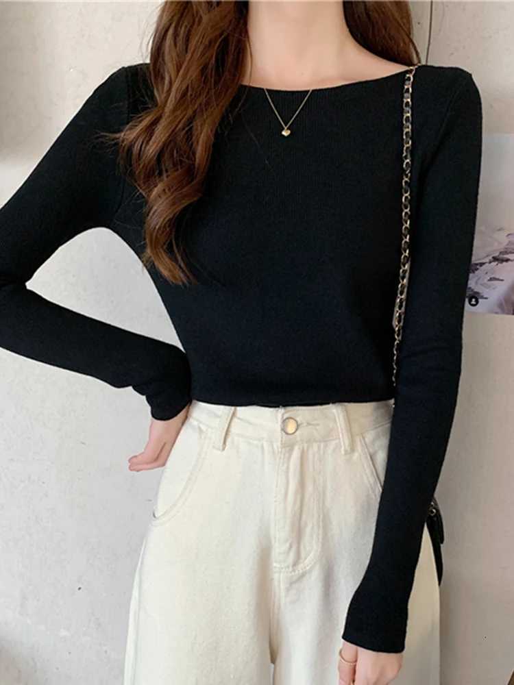 Autumn Winter Women Sweaters Slash Neck Slim Knitted Pullovers chic Basic Solid Jumper Female Sweater Casual Tops Z250905