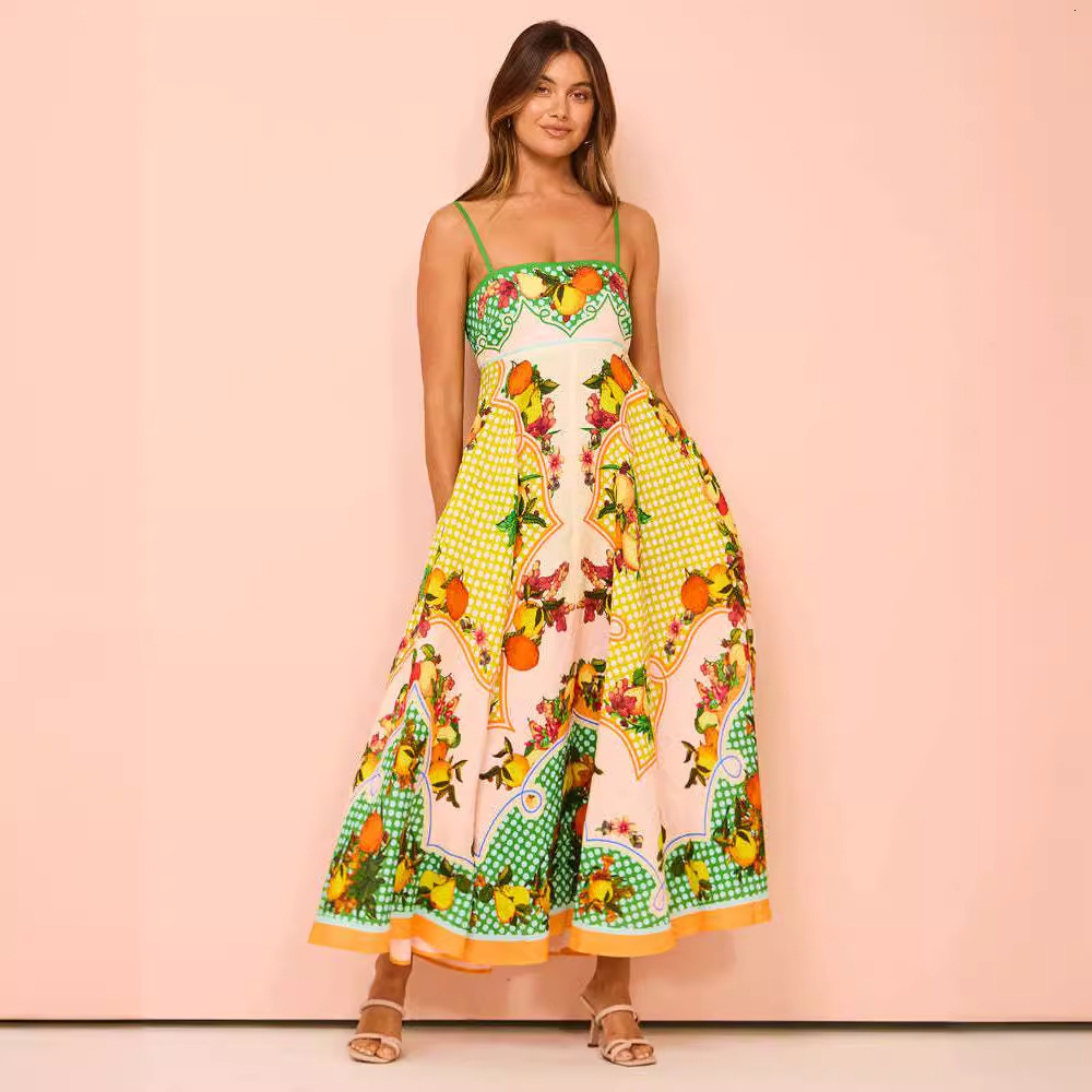 2024 Summer New Sexy Spaghetti Strap Elegant Printed High Waist Flared Dress for Women