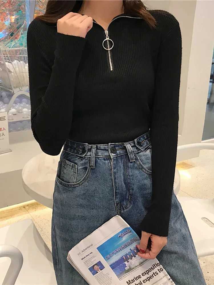 2025 Korea Knitted Women Zipper High Neck Sweater Pullovers Turtleneck Autumn Winter Basic Women Sweaters Slim Fit Pull Femme Z250905