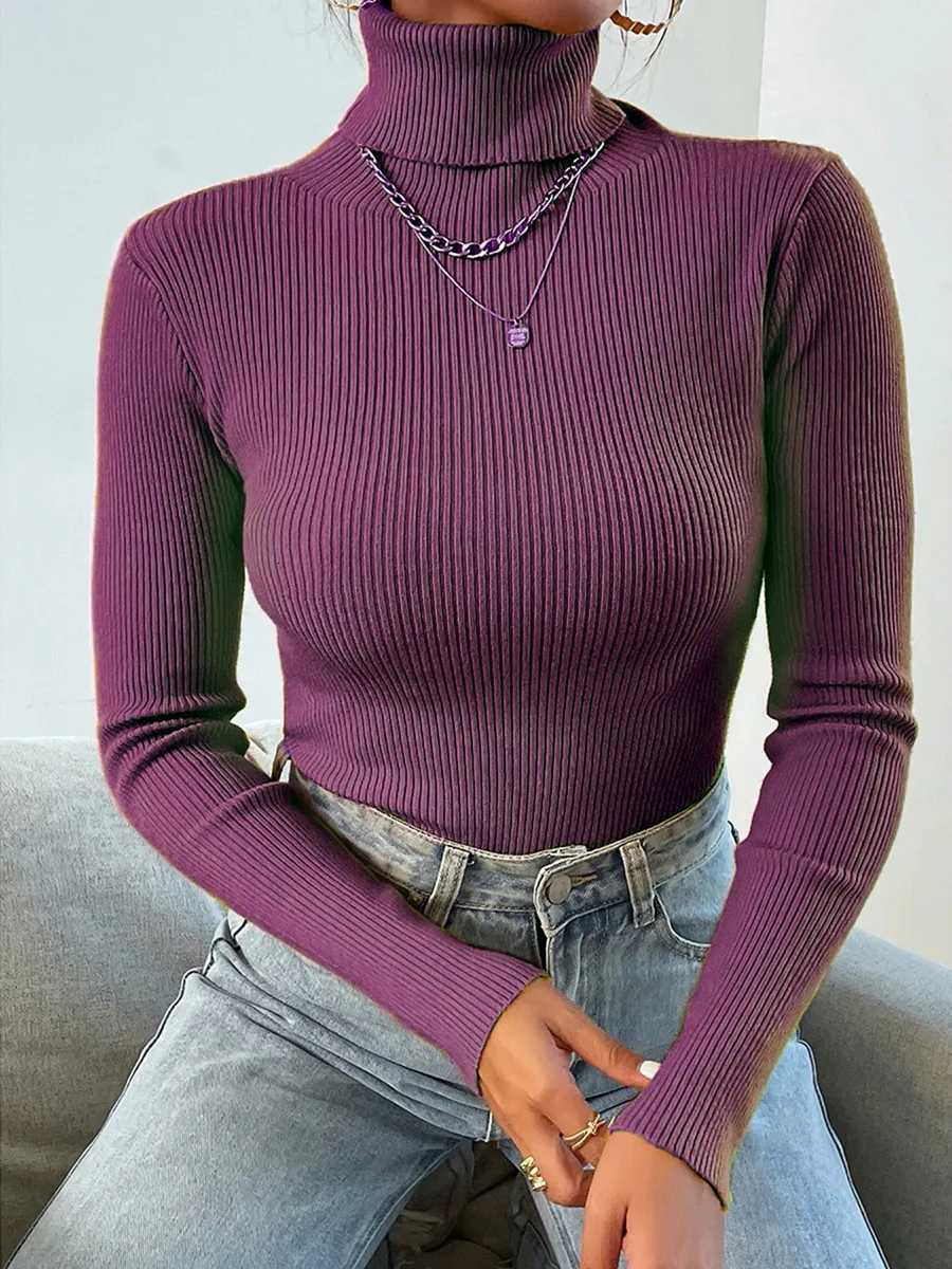 2025 Autumn Winter Women Long Sleeve Knitted Foldover Turtleneck Ribbed Pull Sweater Soft Warm Femme Jumper Pullover Clothes Z250905