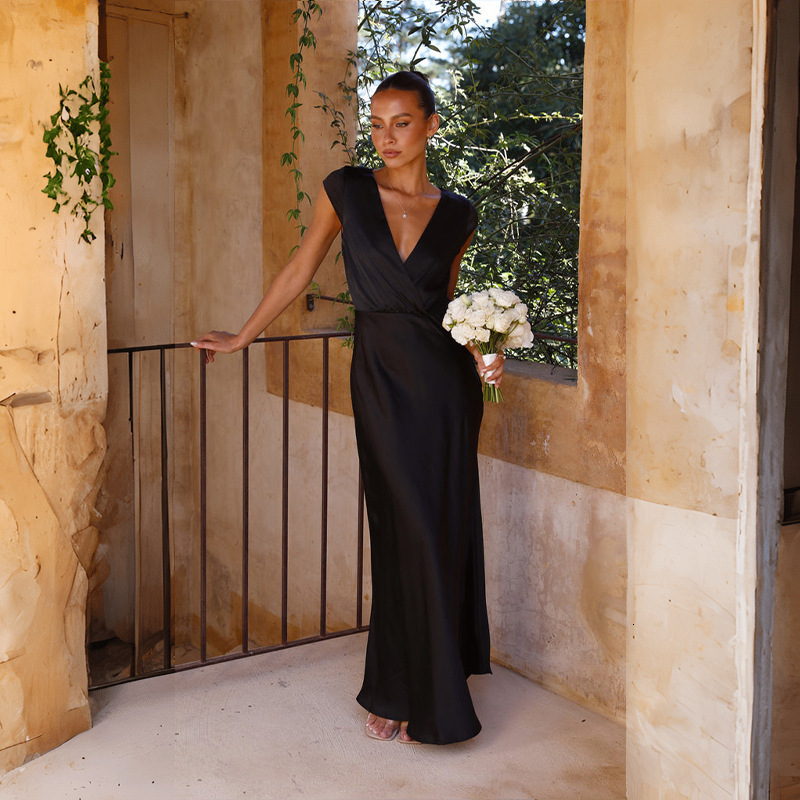 Womens Clothing 2024 Spring Summer Satin Solid Color Vneck Sexy Mermaid Dress Elegant Party Gown Long Dress for Women