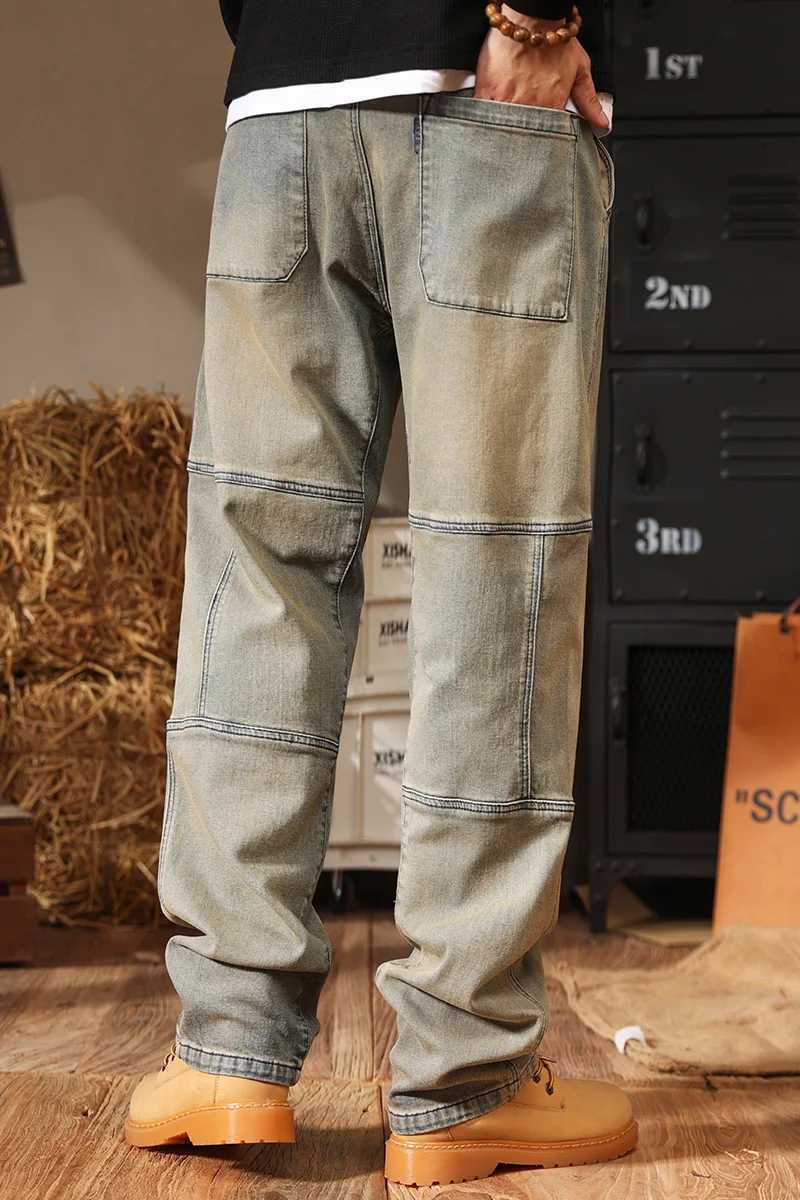 Trendy Mens Relaxed StraightLeg Jeans Mud Yellow Vintage Wash Stretch Denim for Casual Style Comfort Stretch Fabric W250905