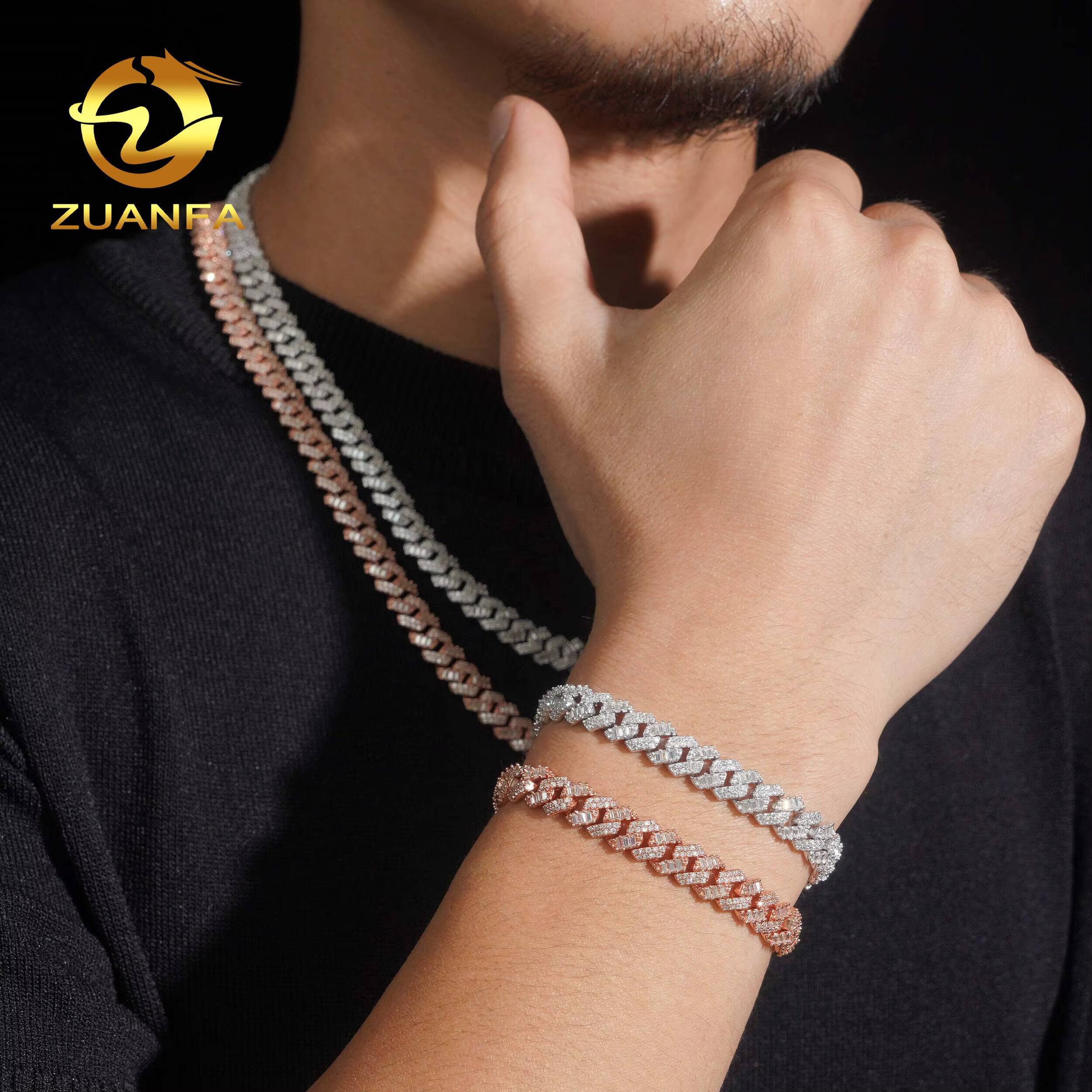 New Arrivals Hip Hop Jewelry Rose Gold 925 Silver Baguette 8mm Moissanite Cuban Link Chain