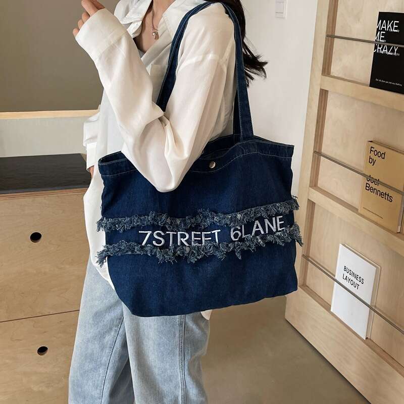 Letter Embroidery Designer Bags High-End Washed Denim 2025 New Korean Style Casual Mommy Tote Shoulder Bag Trendy