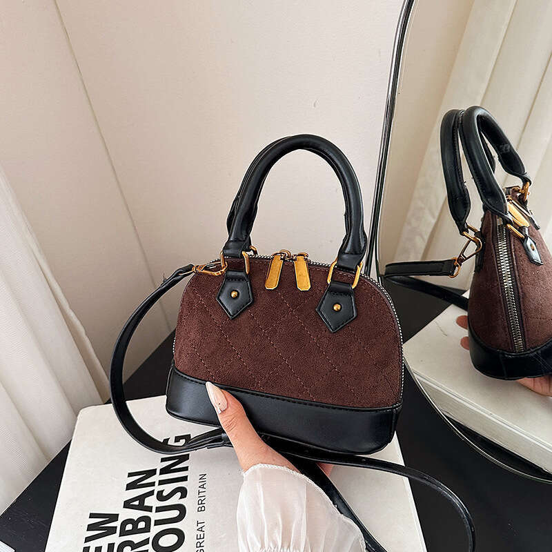 DHEssentials 2025 Women's Quilted Shell Bag, Faux Suede PU, Crossbody Shoulder Handbag, Color Block, Urban Minimalist, Black/Brown