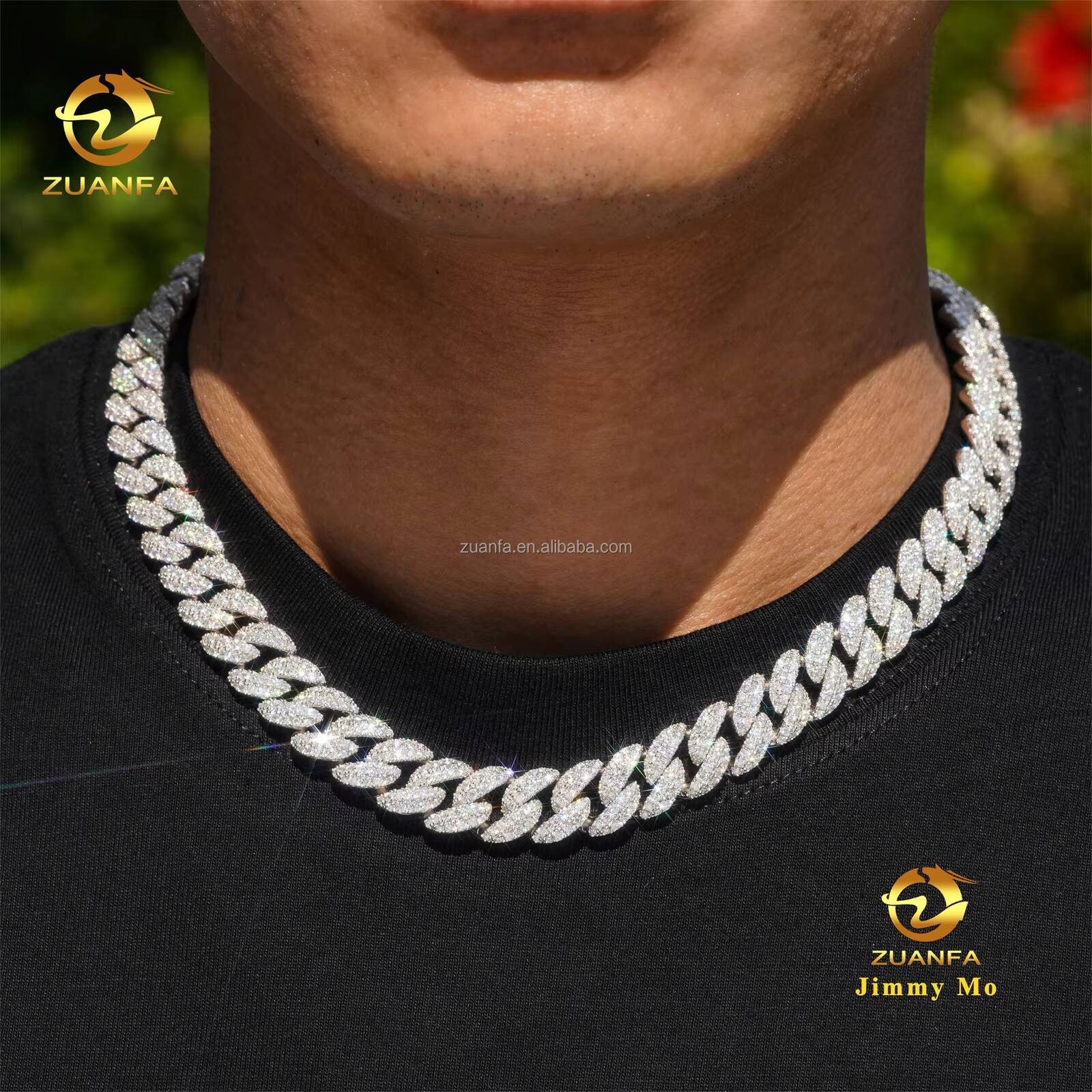 Hot Selling Bulk Stock Box Clasp 925 Solid Silver 12mm Two Rows Iced Out Hip Hop VVS1 Moissanite Diamond Miami Cuban Link Chain